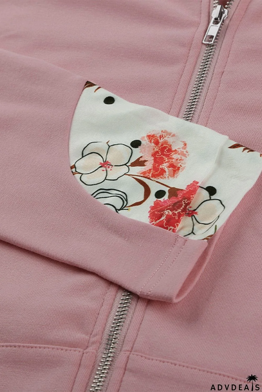 Women's Pink Full Zip Hoodie Coat with Floral Print Hooded Inner