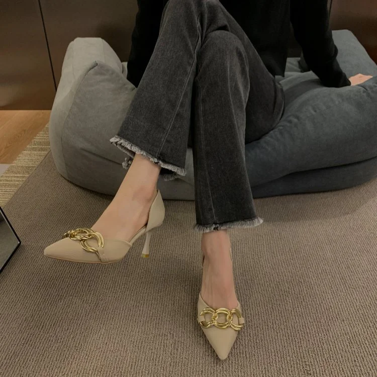 Wongn Wongn Spring Korean Version Metal Chain Pointed Hollow High Heels Letshoes Fashion Women's Shoes