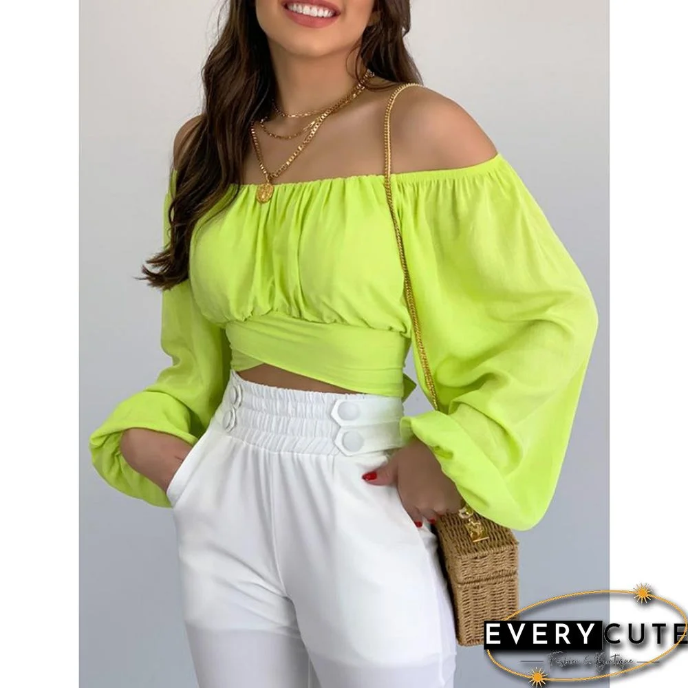 Yellow Off Shoulder Puff Sleeve Crop Tops