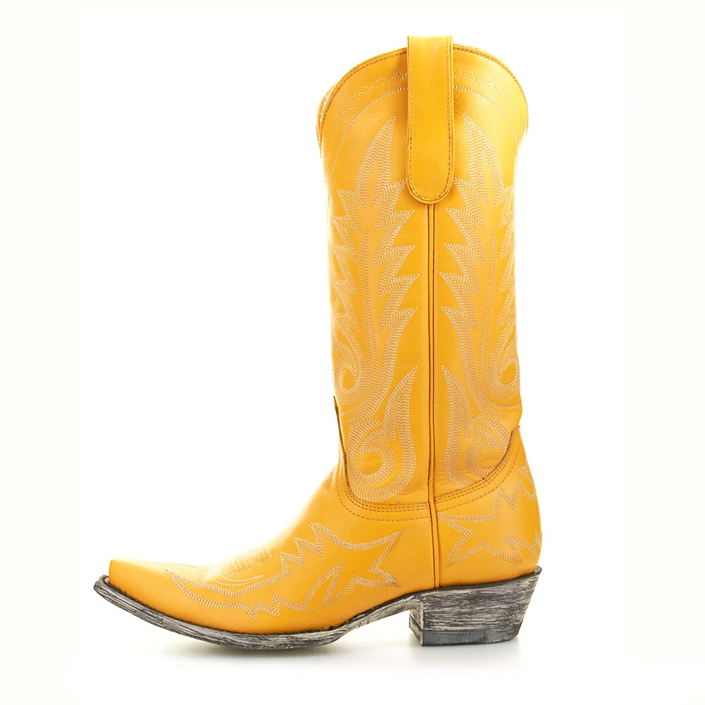 Women's Snip Toe Block Heel Embroidered Mid Calf Yellow Cowgirl Boots