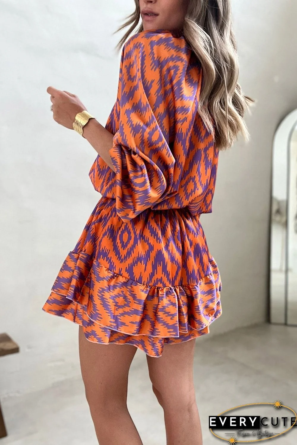 Orange Aztec Bubble Sleeve High Waist Romper