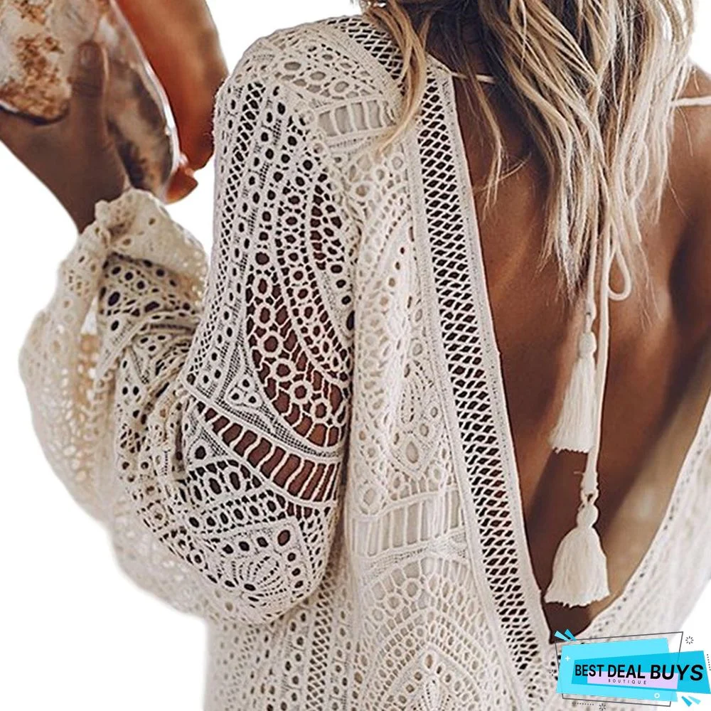 Summer Sexy Deep V Long Sleeved Beach Skirt White Dresses