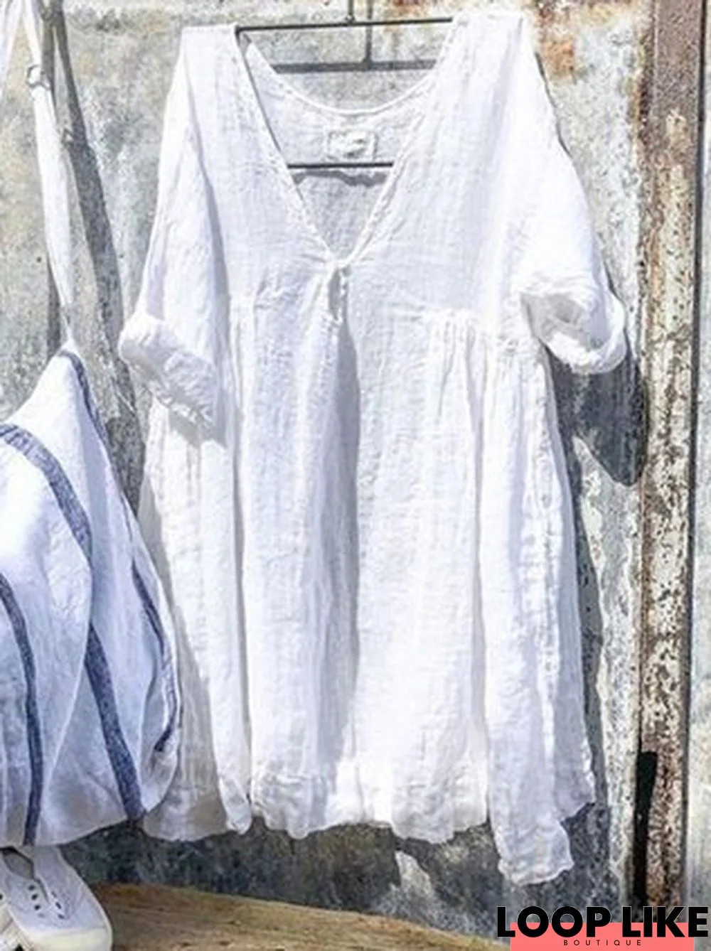 zolucky 3/4 Sleeve Cotton Linen Striped Casual Casual  Dress