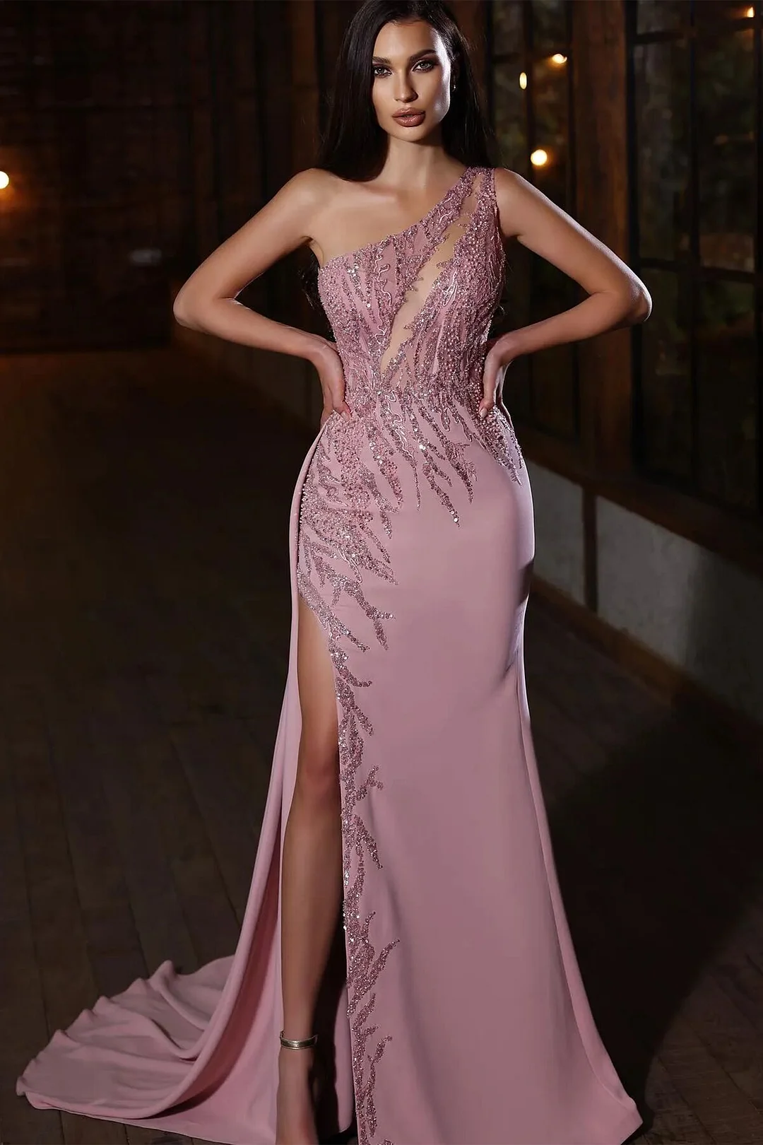 Modern One Shoulder Pink Prom Dress Mermaid Long Slit WIth Beads Sequins - lulusllly