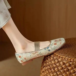 Breakj Breakj Chinese Style Women's Shoes Embroidery Shoes Embroidery Square Shallow Flat Bottom Mary Jane Single Shoes