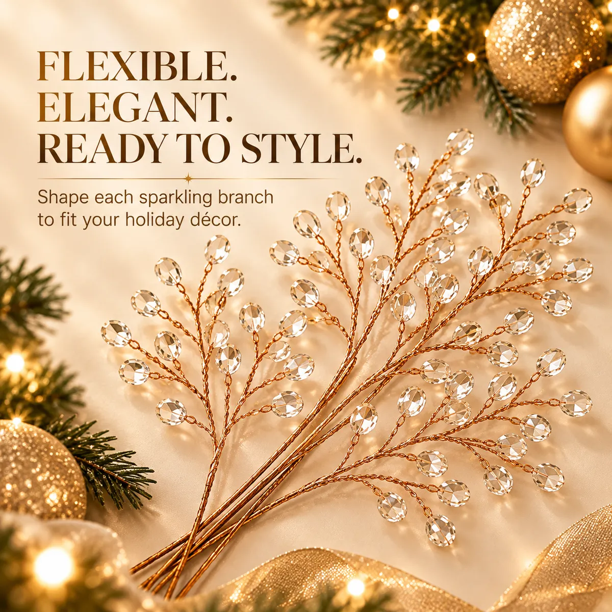 Crystal beaded decorative Christmas branch picks displayed on a light holiday background