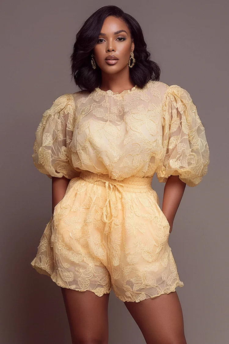 Xpluswear Design Plus Size Vacation Yellow Round Neck Puff Sleeve Short Sleeve Pocket Lace Two Piece Short Sets [Pre-Order] 2024 - Xpluswear