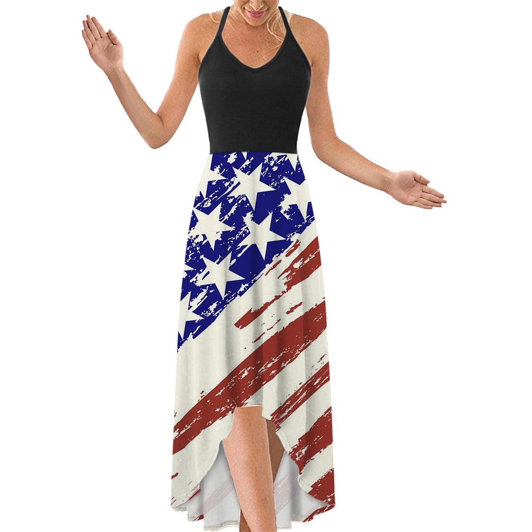 Independence Day High Waist Mid-length Digital Printed Back Cross Halter Dress