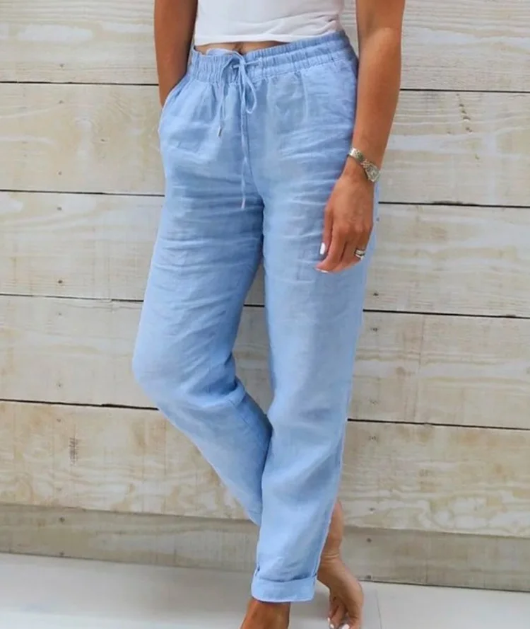 Women's Cotton Linen Casual Pant Solid Color Elastic Waist Long Pant