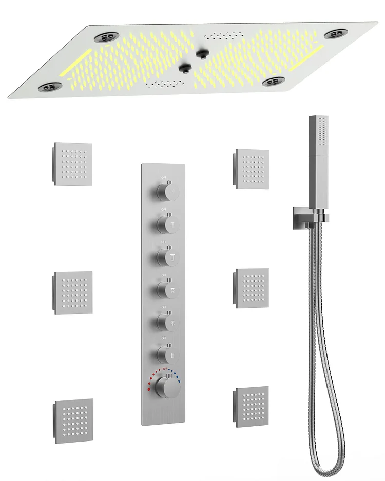 EVERSTEIN Luxury 64-Color LED Shower System with Thermostatic Control and Body Jets, Brushed Nickel SFS-1029-NK