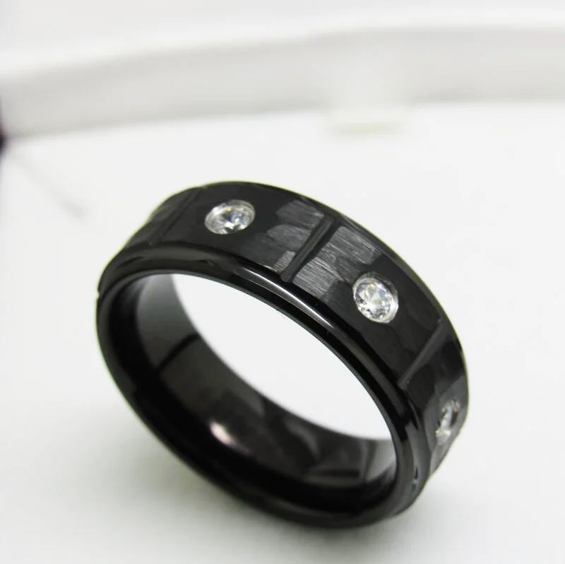 8MM Black Tungsten Carbide Rings With Open-Step Hammered Pattern Eight-Slot Vacuum Electric Womens And Mens 