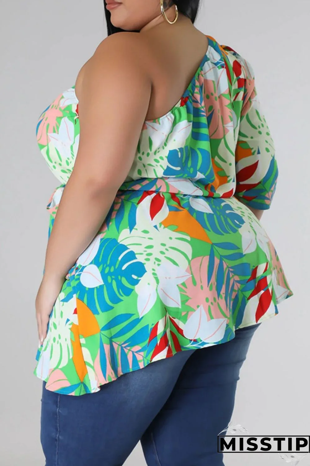 Black Yellow Casual Print Backless Oblique Collar Plus Size Tops