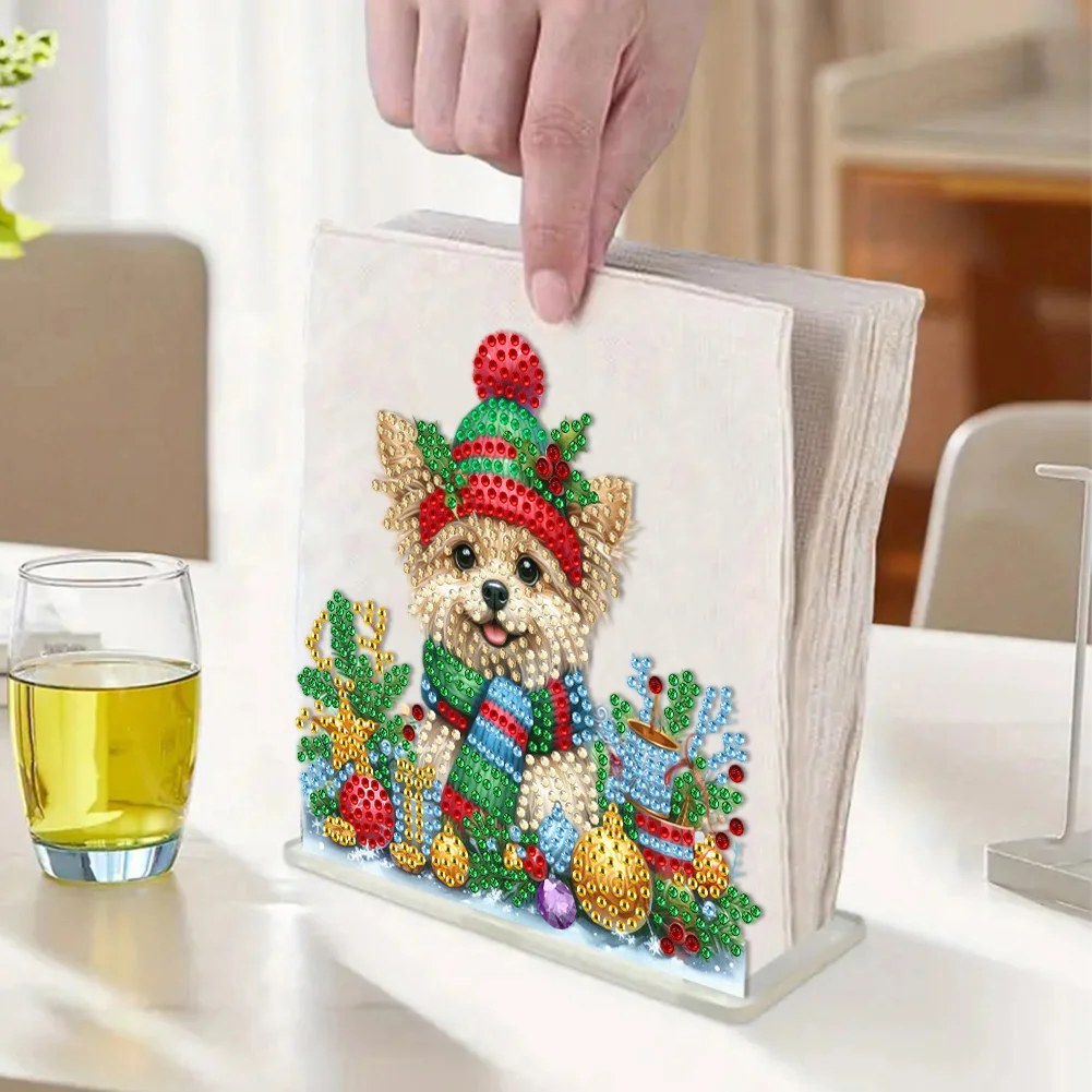 5D DIY Christmas Dog Acrylic Double Sided Diamond Art Paper Towel Storage Rack Decor