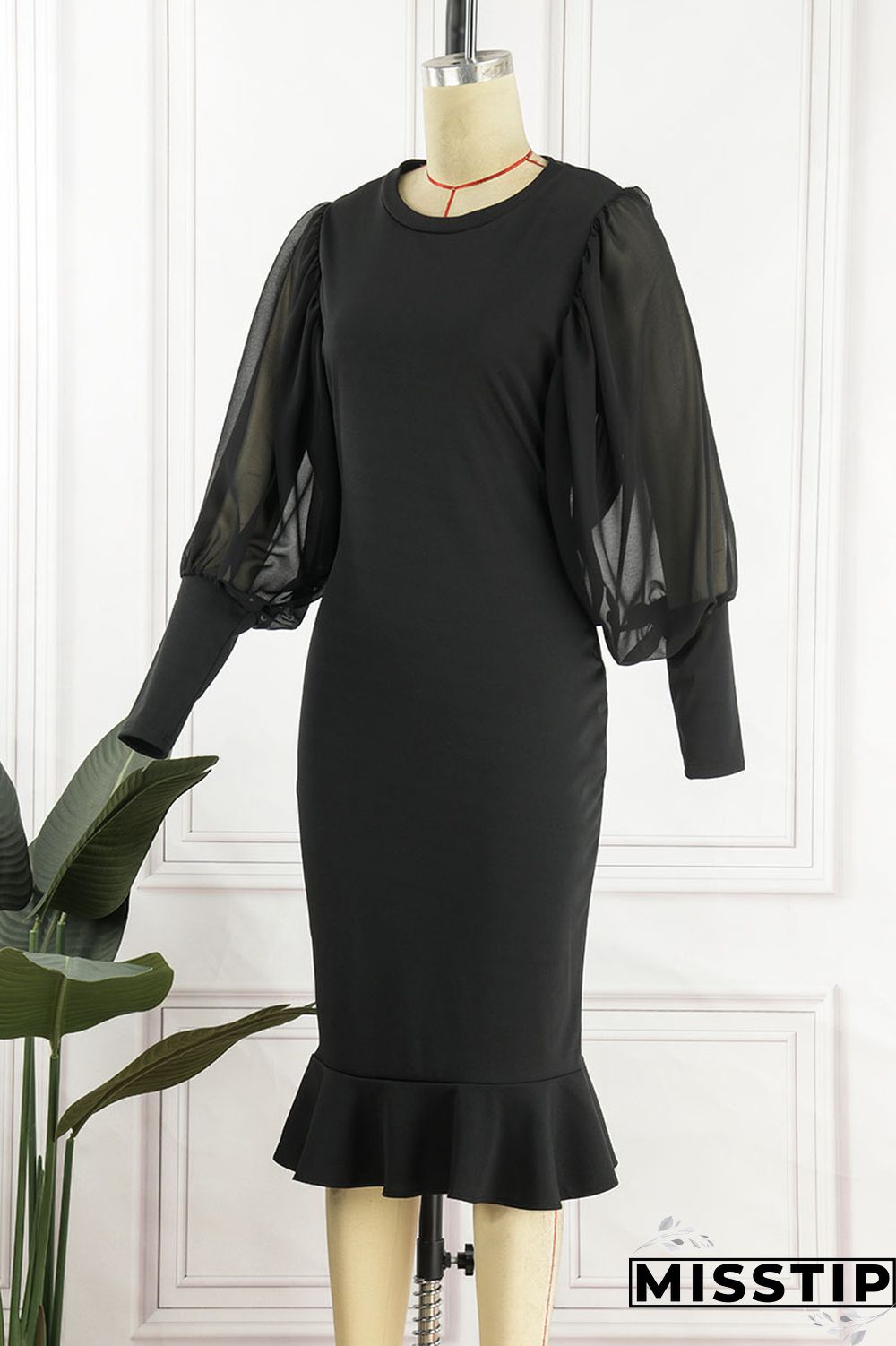 Black Casual Solid Patchwork O Neck Princess Dresses