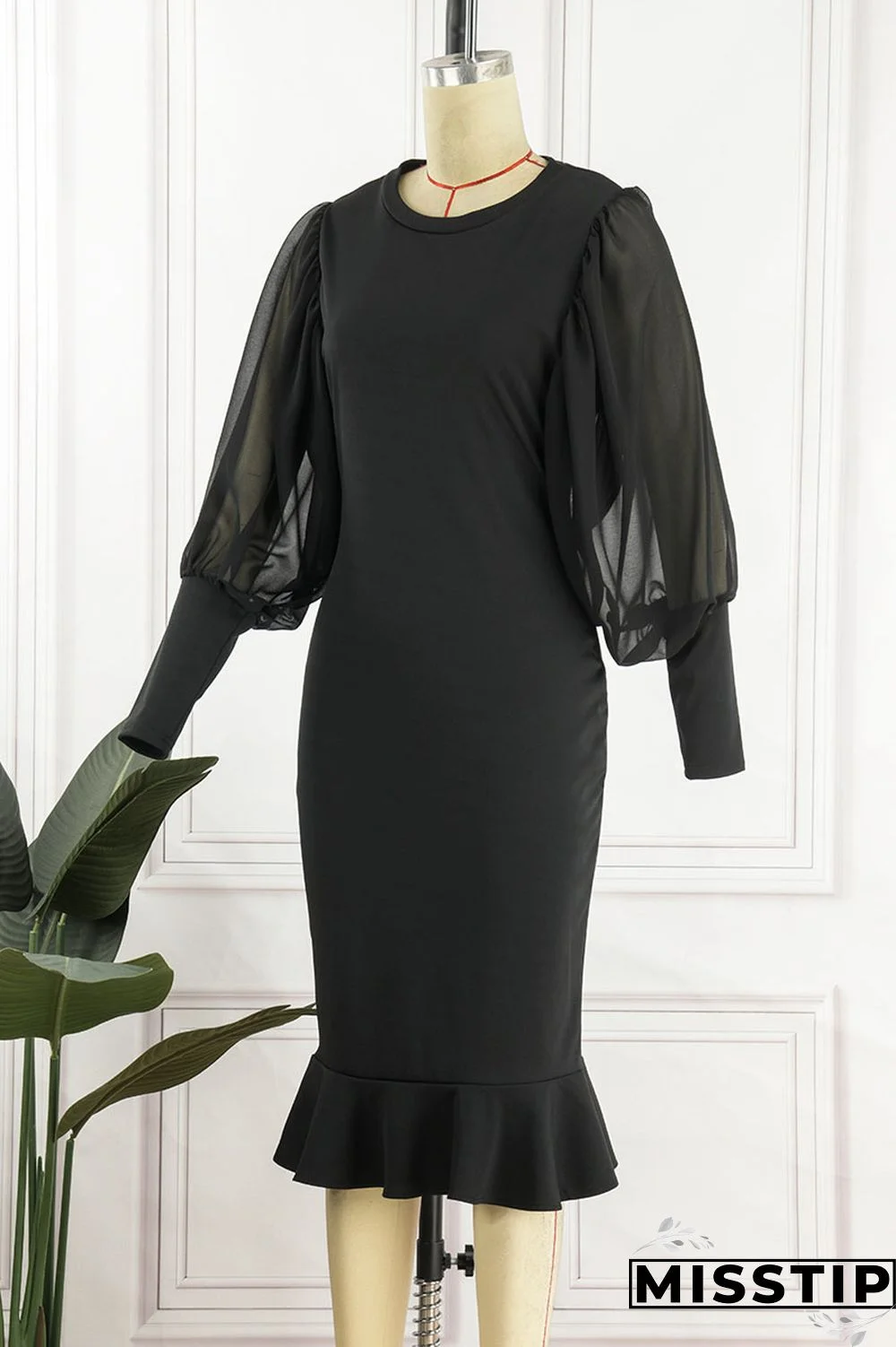 Black Casual Solid Patchwork O Neck Princess Dresses