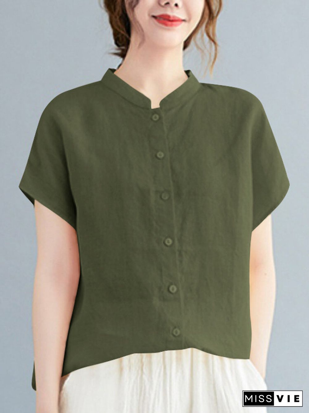 Cotton Solid Button Stand Collar Short Sleeve Casual Blouse