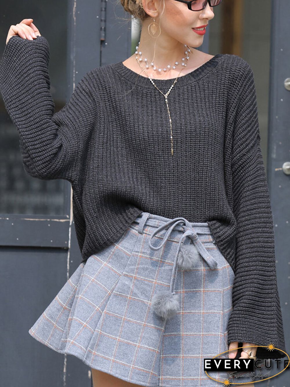 Solid Color O-neck Flare Sleeves Casual Sweater