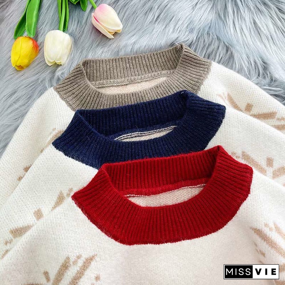 Christmas Reindeer Pattern Colorblock Round Collar Sweater