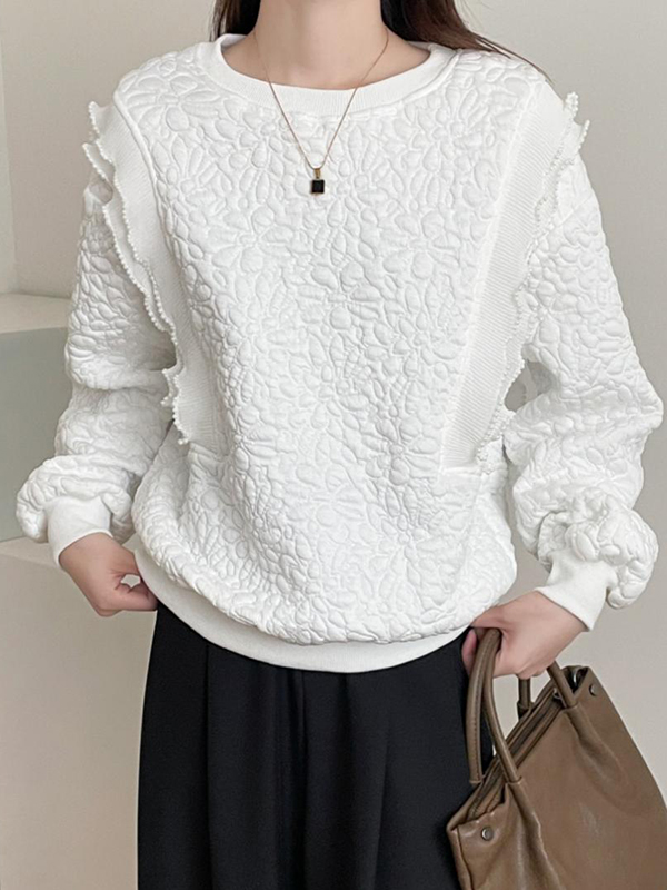 Loose Pearl Decoration Floral Print Hoodie
