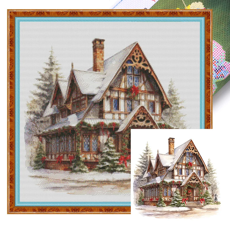 Christmas Cabin - Printed Cross Stitch 18CT 35*35CM