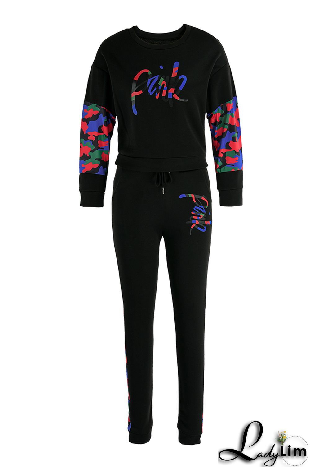 Black Fashion Casual Letter Print Patchwork O Neck Long Sleeve Two Pieces