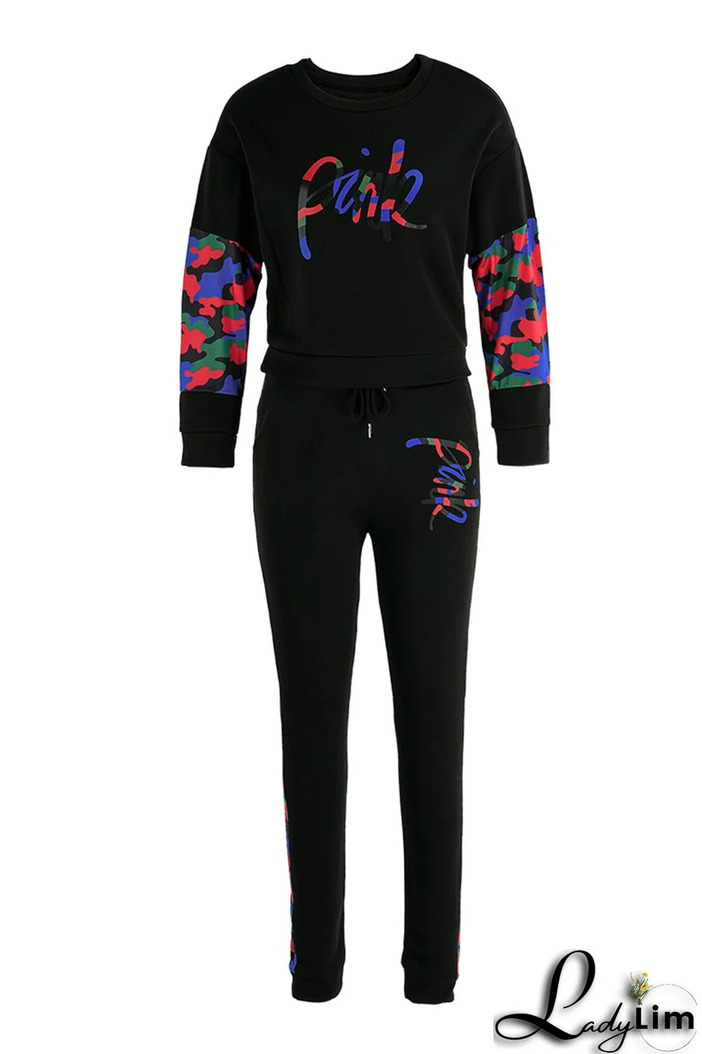 Black Fashion Casual Letter Print Patchwork O Neck Long Sleeve Two Pieces