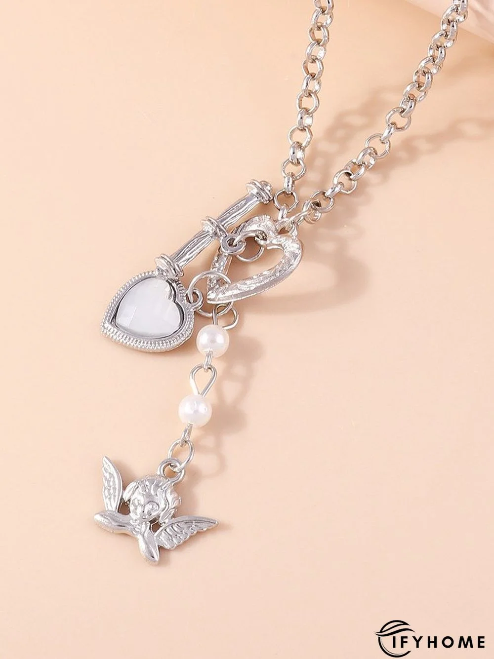 Casual Vintage Silver Heart Chain Necklace Ethnic Vintage Angel Pattern Jewelry | IFYHOME