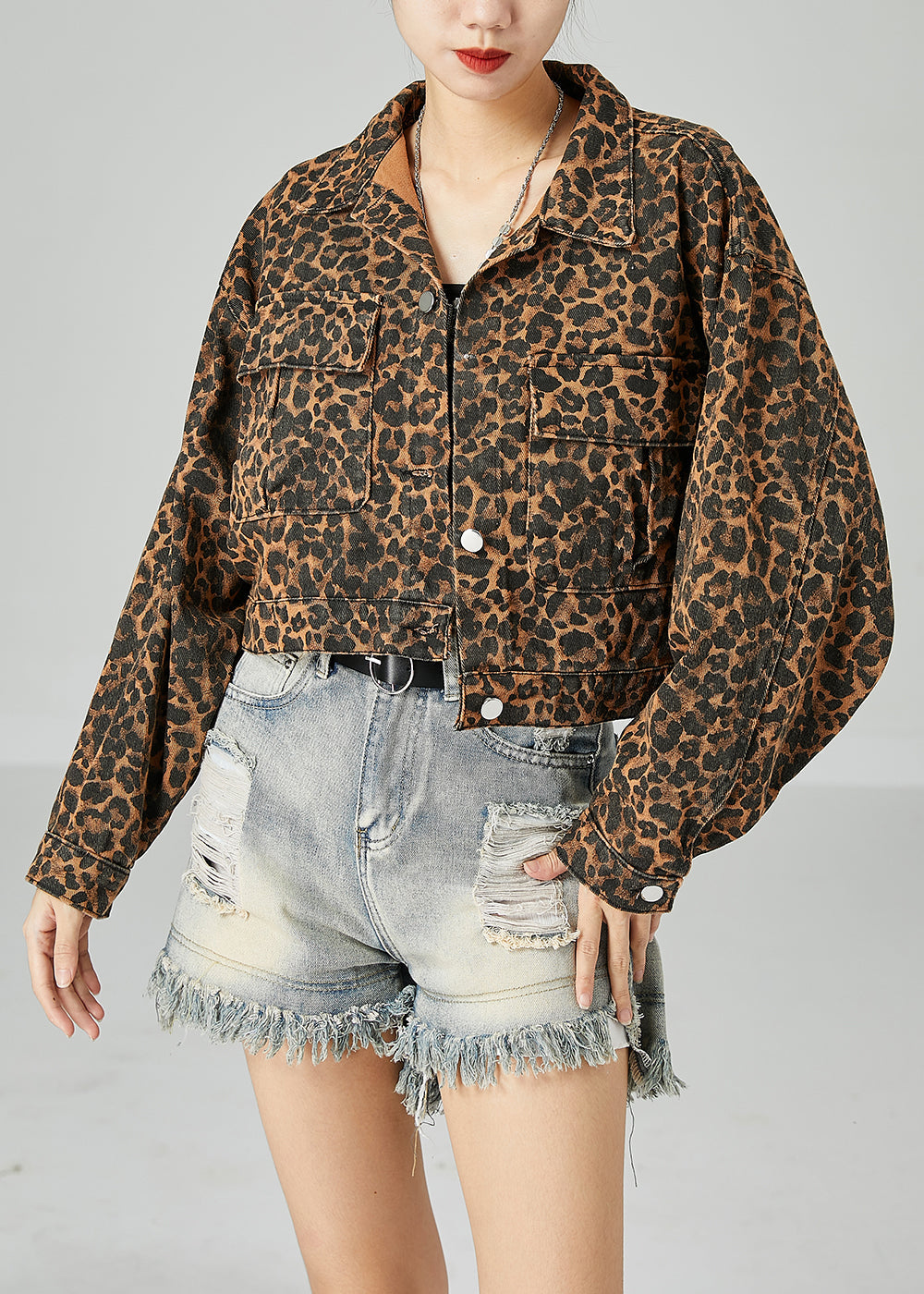 VCSHOES Coffee Peter Pan Collar Leopard Print Pockets Cotton Coats Spring