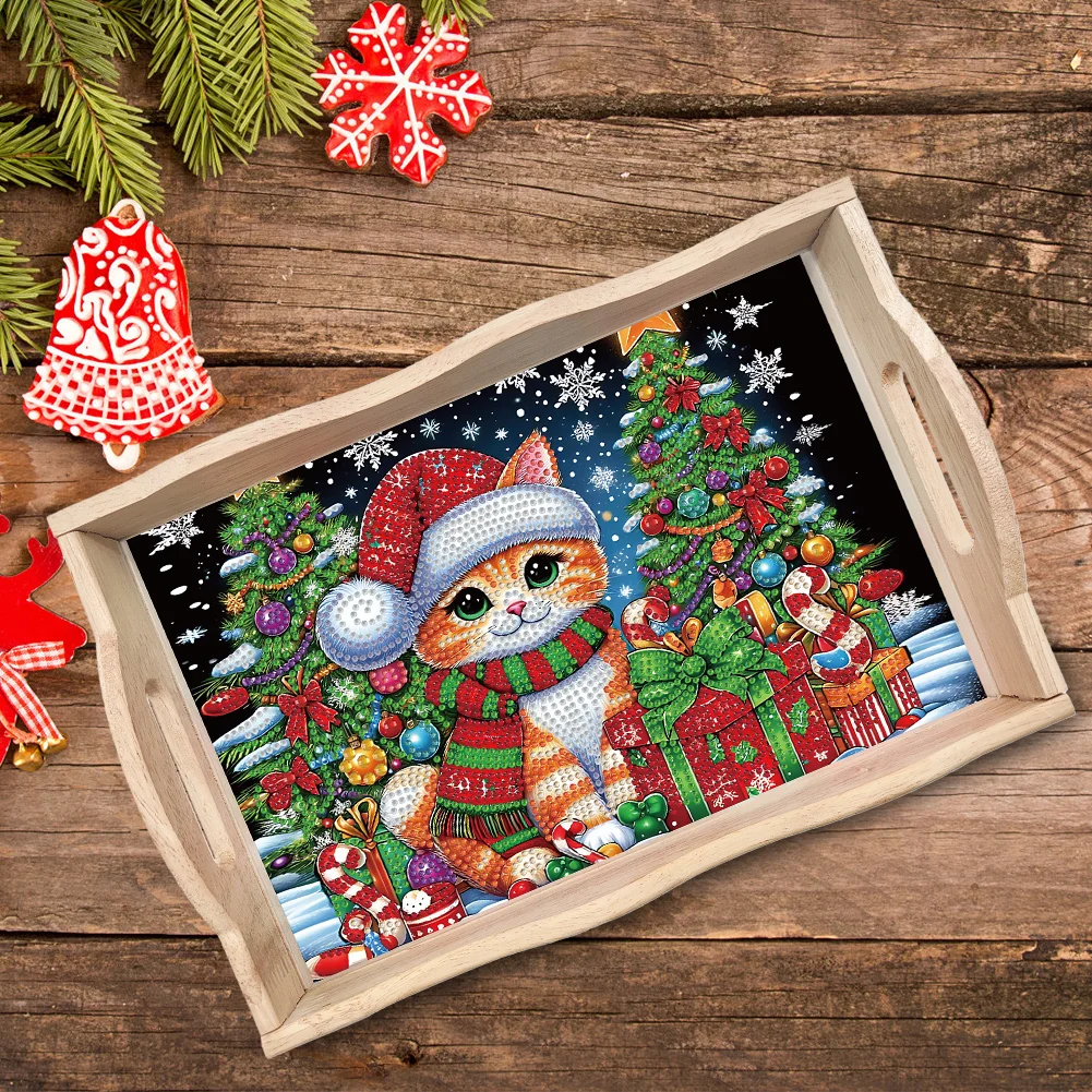5D DIY Wooden Christmas Cat Tree Diamond Painting Serving Tray for Home Decor