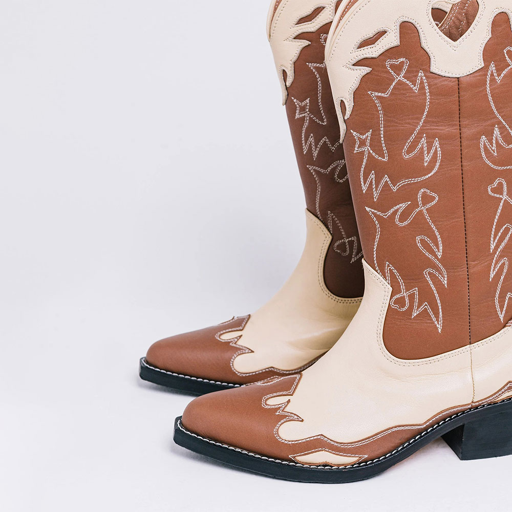 Brown & Beige Embroidered Pointed Toe Mid Calf Cowboy Boots for Women Nicepairs