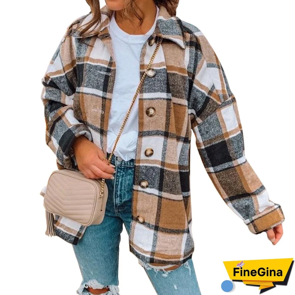 Hot Sale Women Fashion Plaid Shirt Jackets Turn-Down Collar Autumn Oversized Jacket Fashion Loose Coat Streetwear Female Outwear