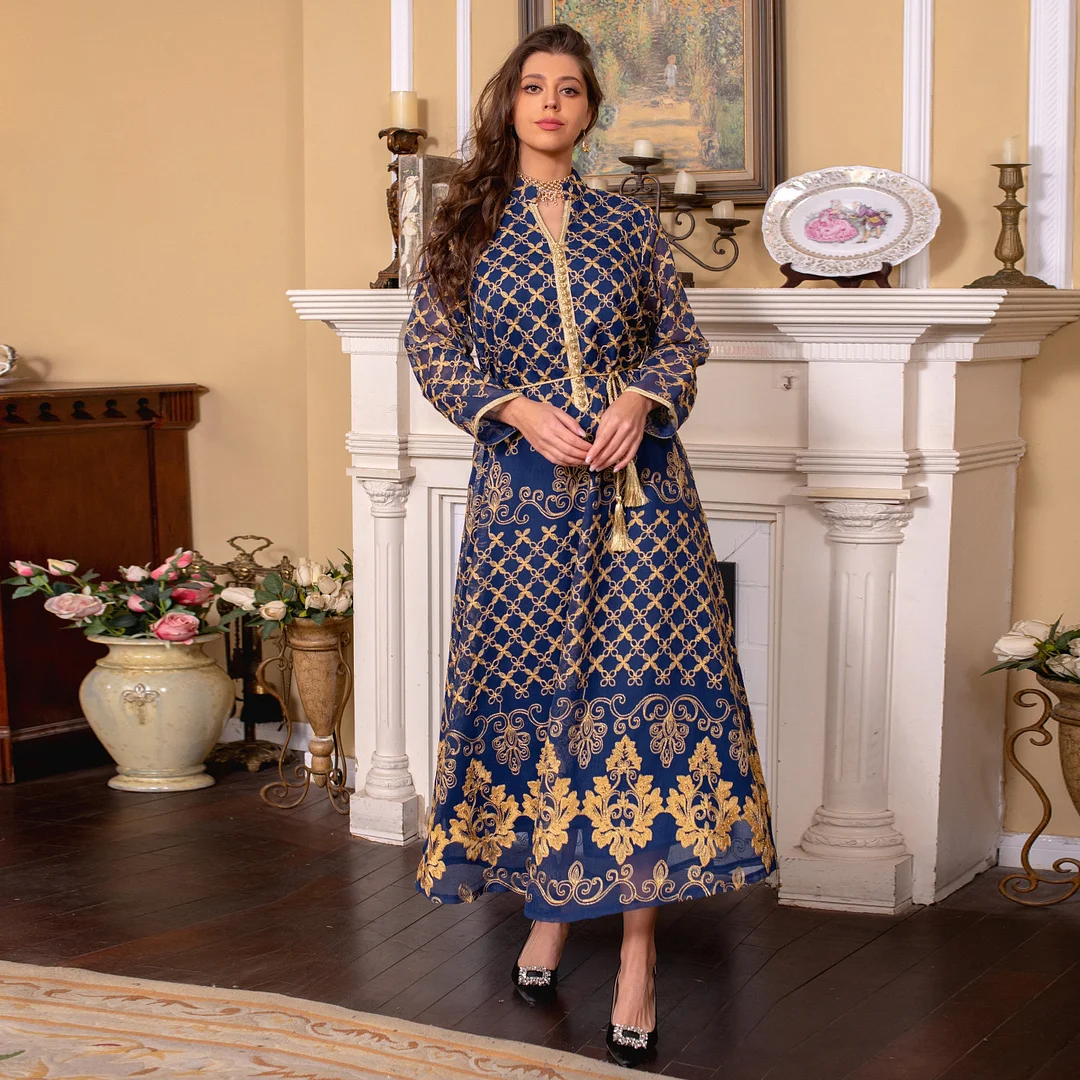 Golden Embroidery Stand Neck Long Sleeve Muslim Abaya