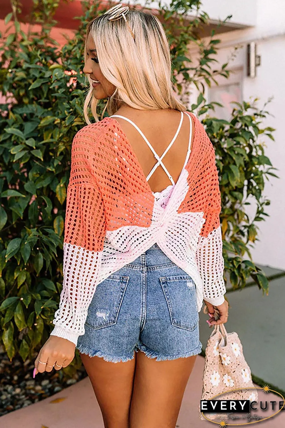 Multicolor Color Block Eyelet Long Sleeve Twisted Back Knit Top