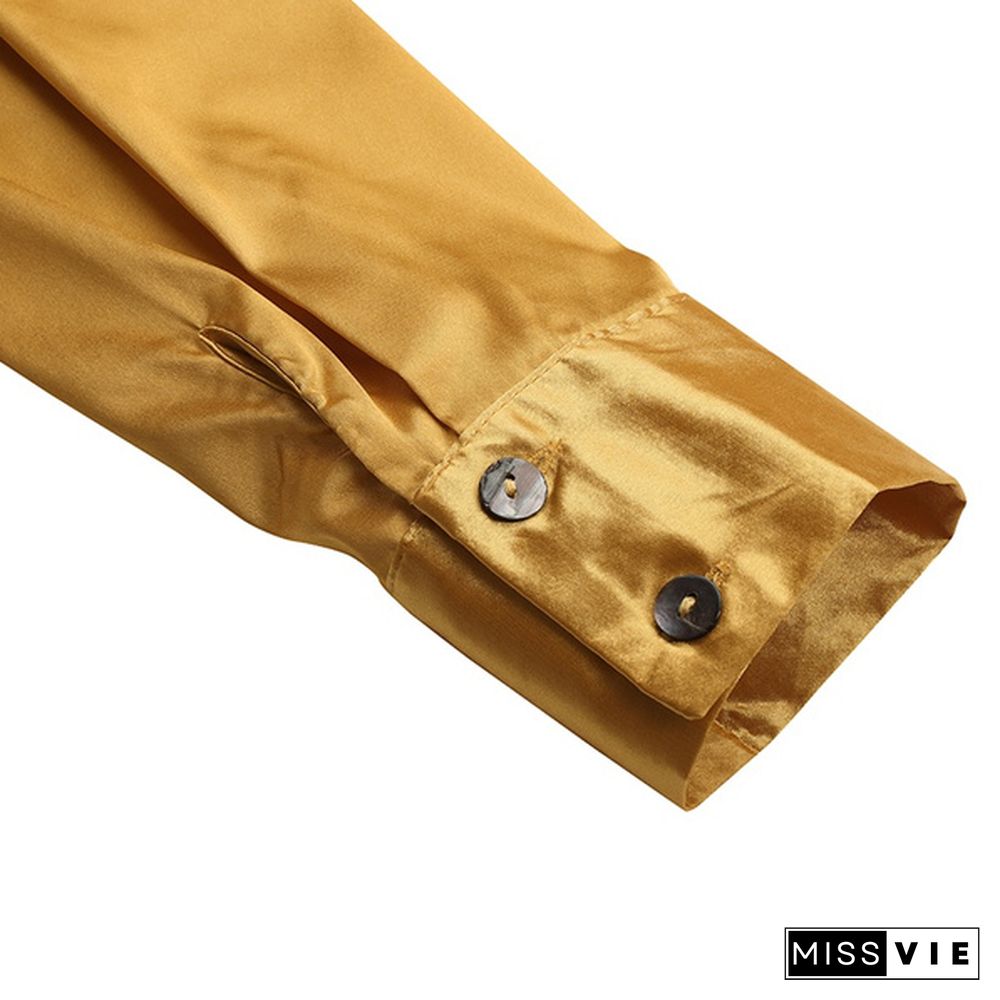 Autumn Women Silk Satin Long Sleeve Lapel Collar Shirt Tops Button Down Laides Casual Elegant Blouse Tops