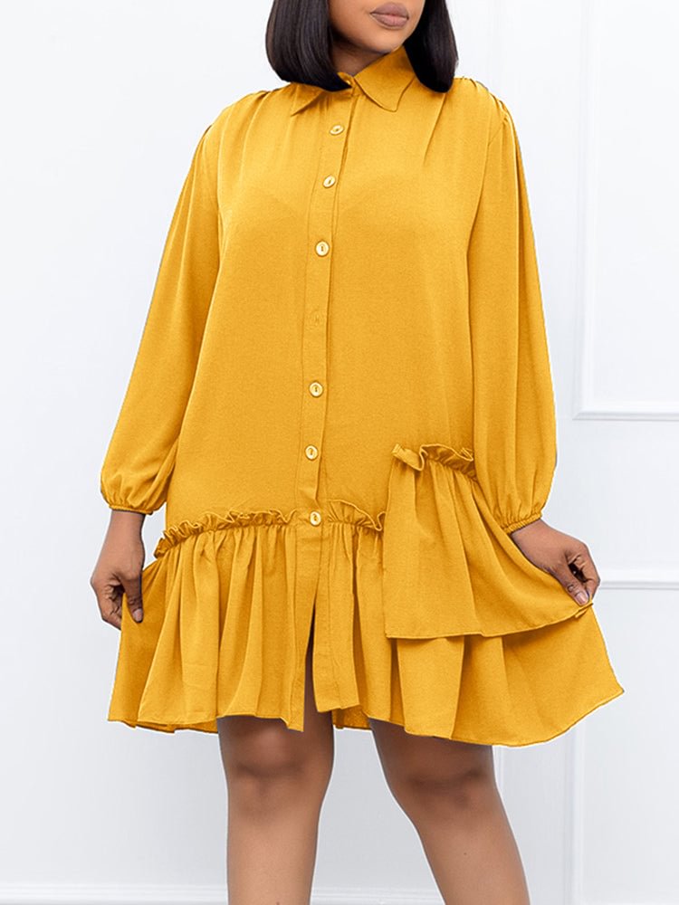 Ruffled Long Sleeve Solid Color Casual Women Dresses SKUI18059 QueenFunky