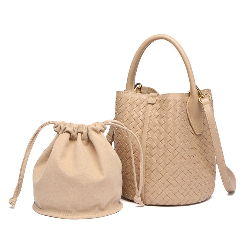 Women’s Medium Leather Solid Color Classic Style Streetwear Weave Sewing Thread Bucket String Bucket Bag