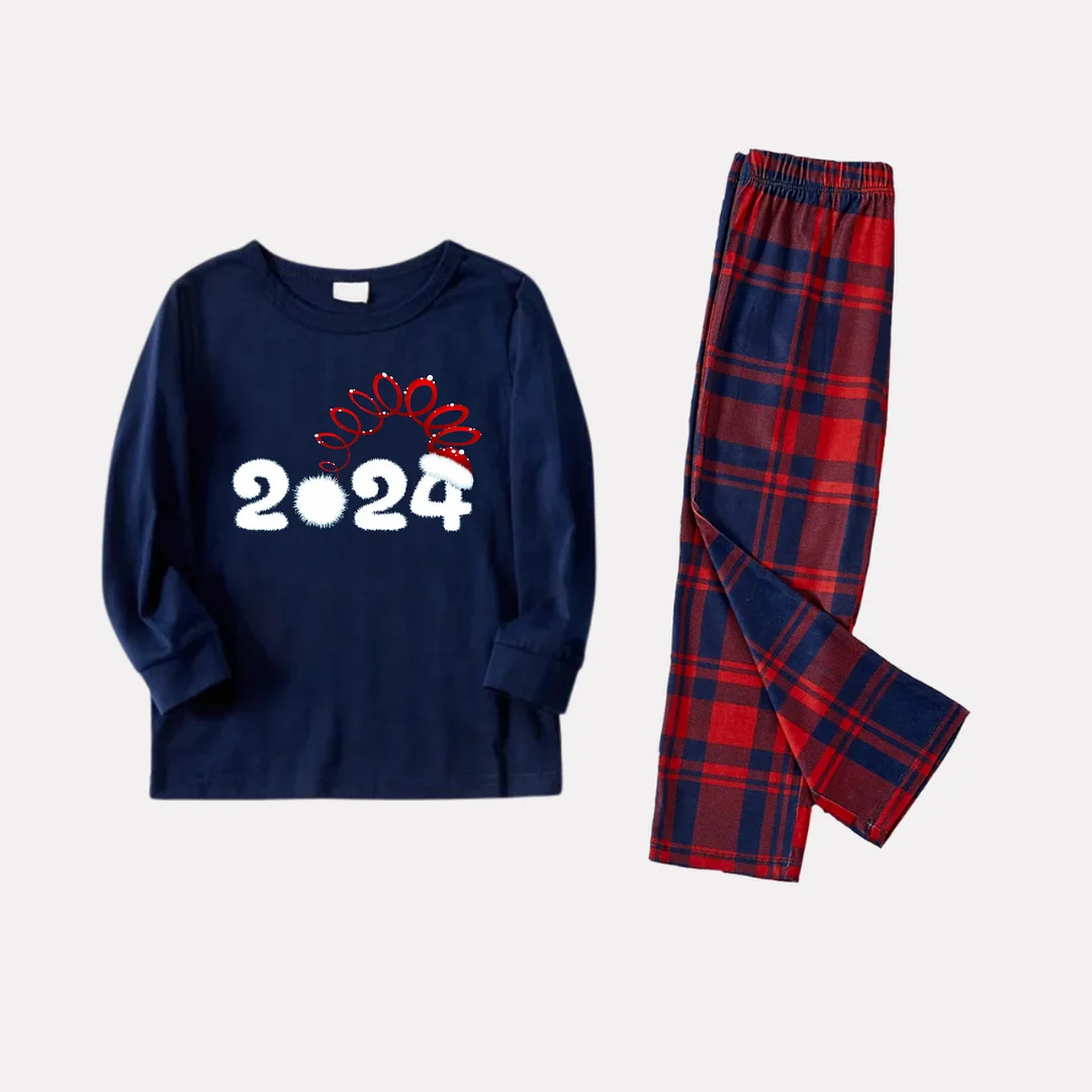 Cute 2024 Pattern Prints Blue Long Sleeves Top with Red & Blue Plaid Pants Family Matching Pajamas