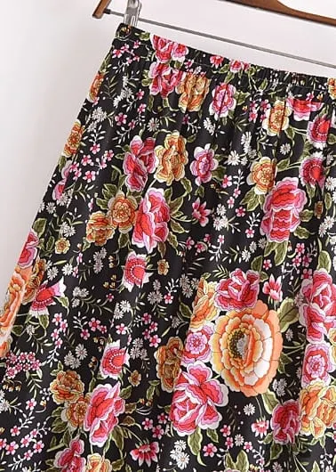 Boho Skirts in Eulalie Balck Pink Flower For Women