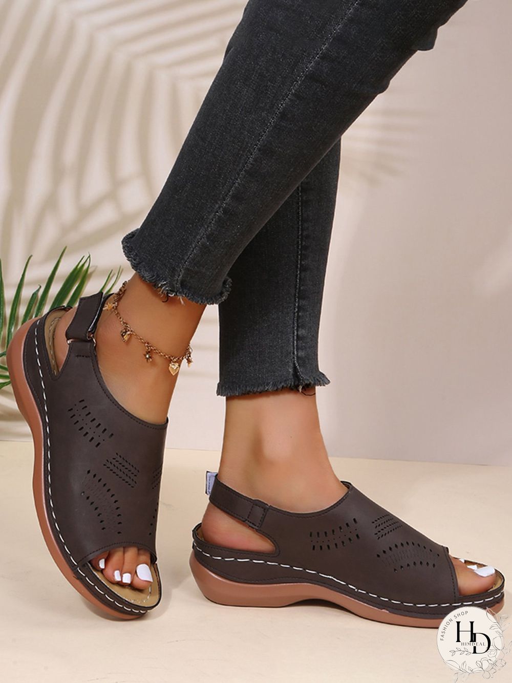 Cutout Velcro Vintage Casual Velcro Wedge Sandals