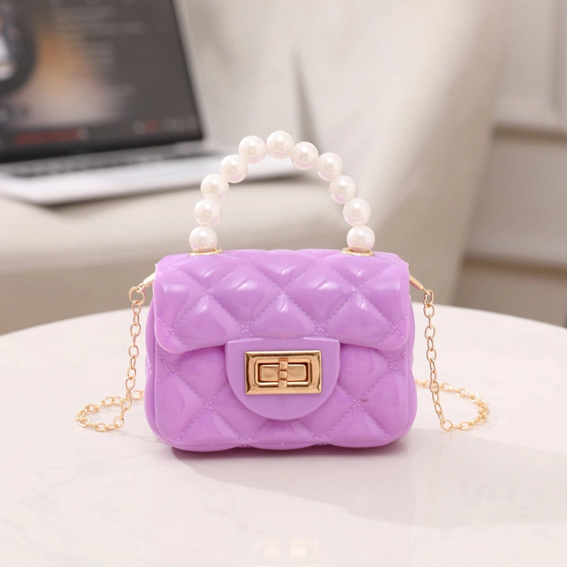 Women’s PVC Solid Color Cute Beading Pearls Square Lock Clasp Crossbody Bag