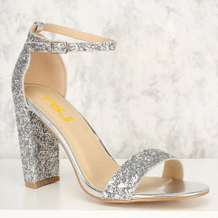 Women's Silver Glitter Shoes Chunky Heels Ankle Strap Sandals|FSJshoes
