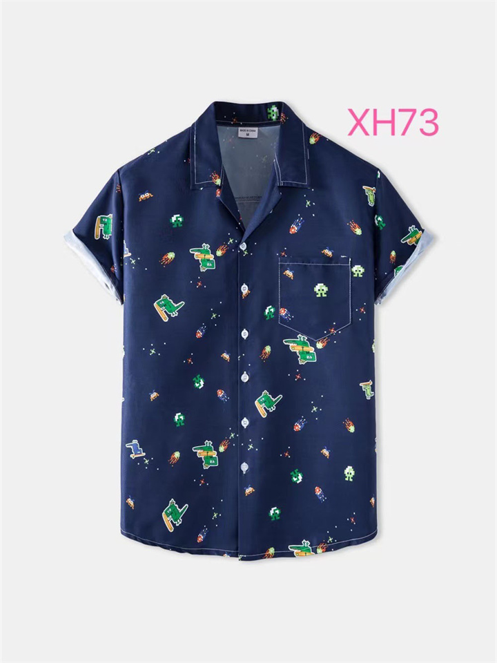 Men's Casual Vacation New Hawaiian Style Fresh Colorblocking Printed Lapel Short Sleeve Slim Shirt Cardigan