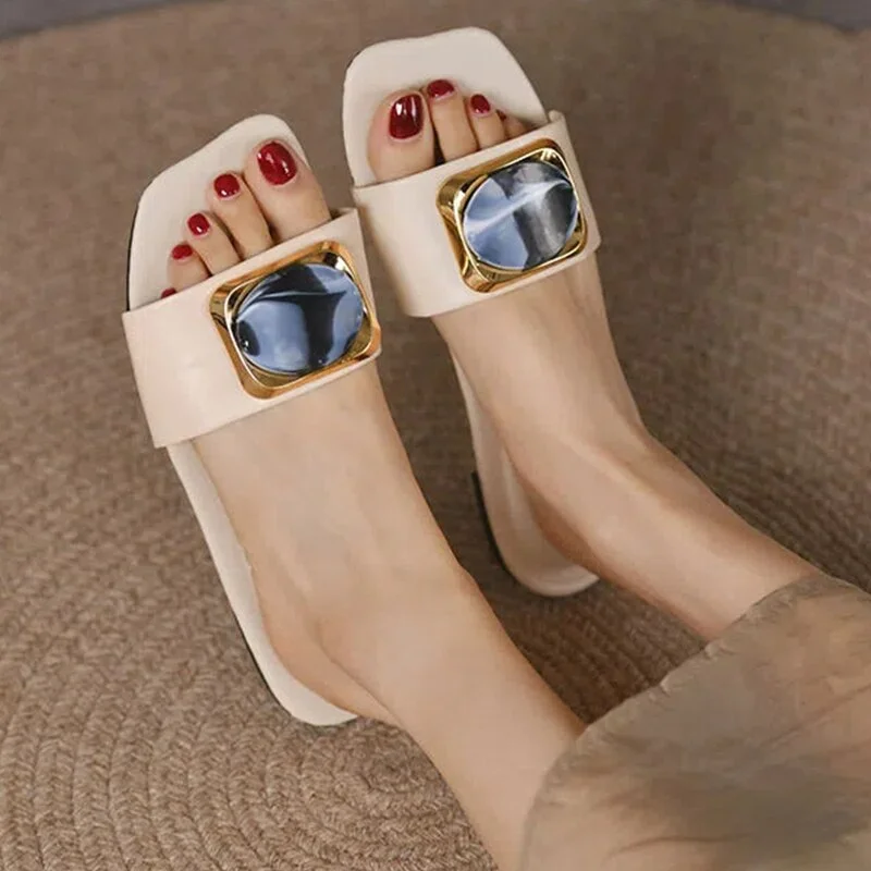 Qengg Women Slippers Buckle Design Small Incense Style Casual Women Flat Sandals External Wear Summer Sandy Beach Women Slides