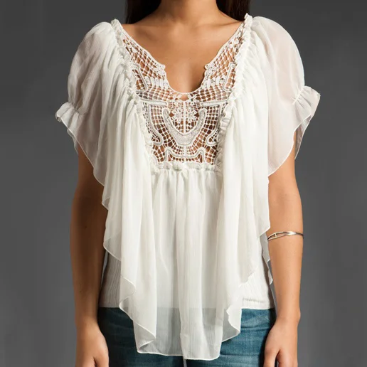 Casual Crochet Hollow Out V Neck Ruffle Sleeve Blouse