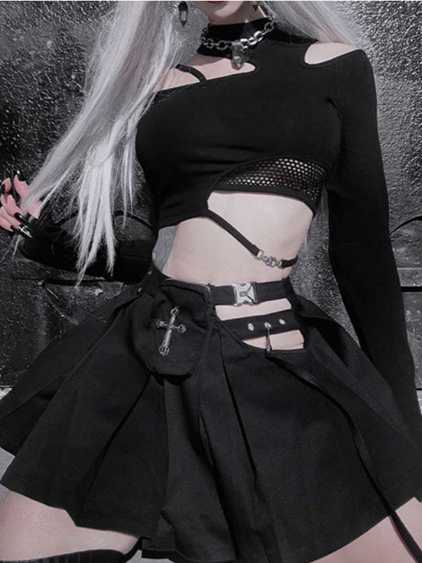 Dark Goth Bandaged Cross Pleated Skirt Asymmetrical Mesh Patchwork Top