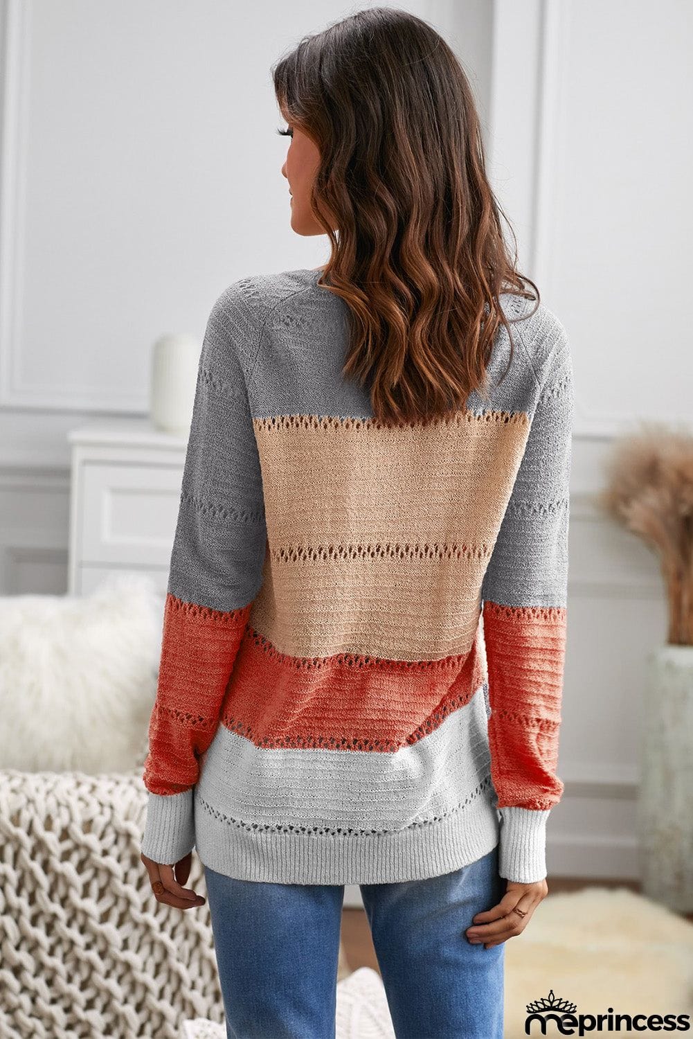 Multi-color Knitted Color Block Long Sleeve Crew Neck Sweater