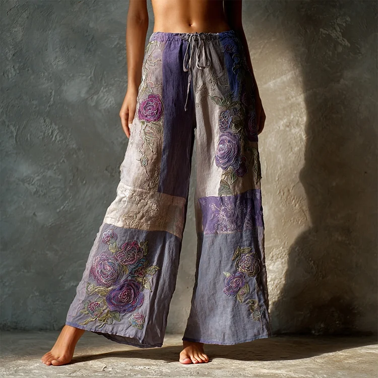 Vintage Purple Roses Embroidered Patchwork Linen Pants