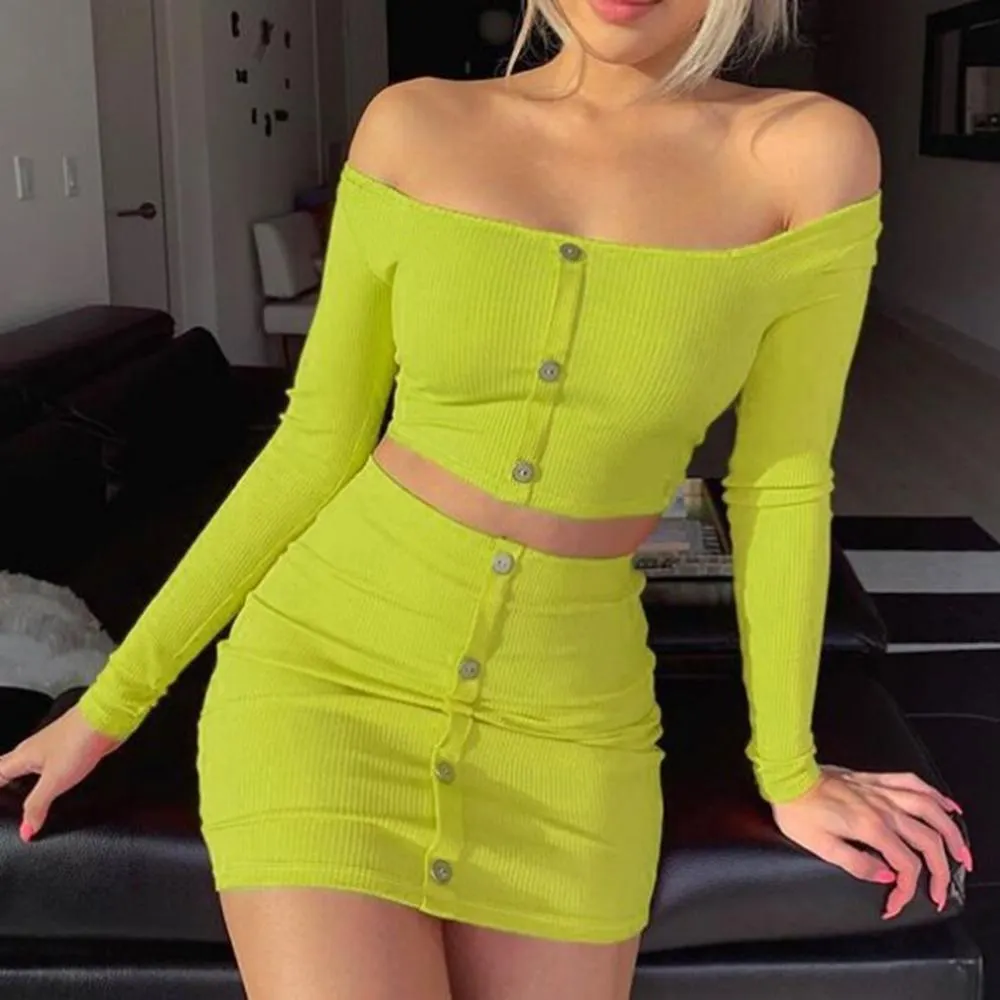 Two piece set Sexy Women Solid Color Button Long Sleeve One Shoulder Blend Casual Soft Women Set Soft material comfortable