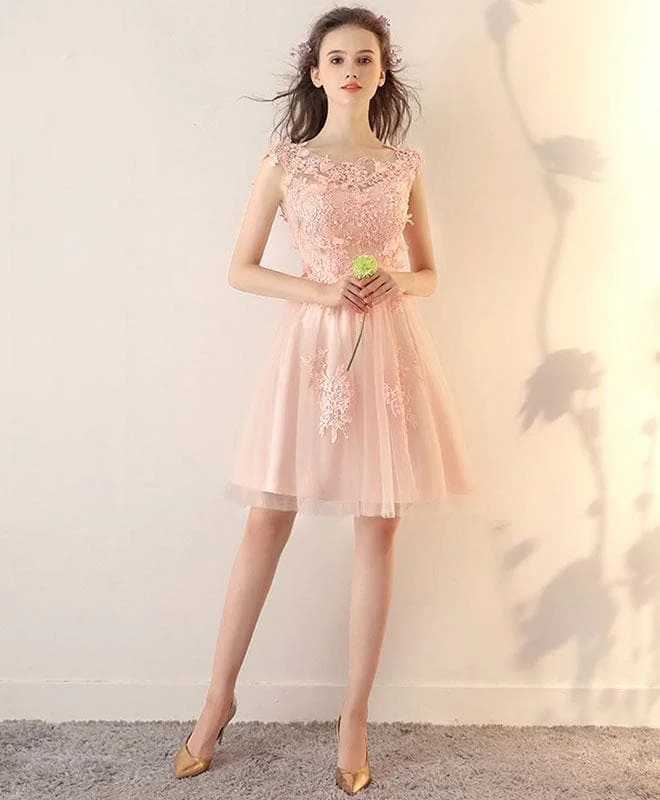 Pink Round Neck Tulle Lace Short Prom Dress, Pink Homecoming Dress