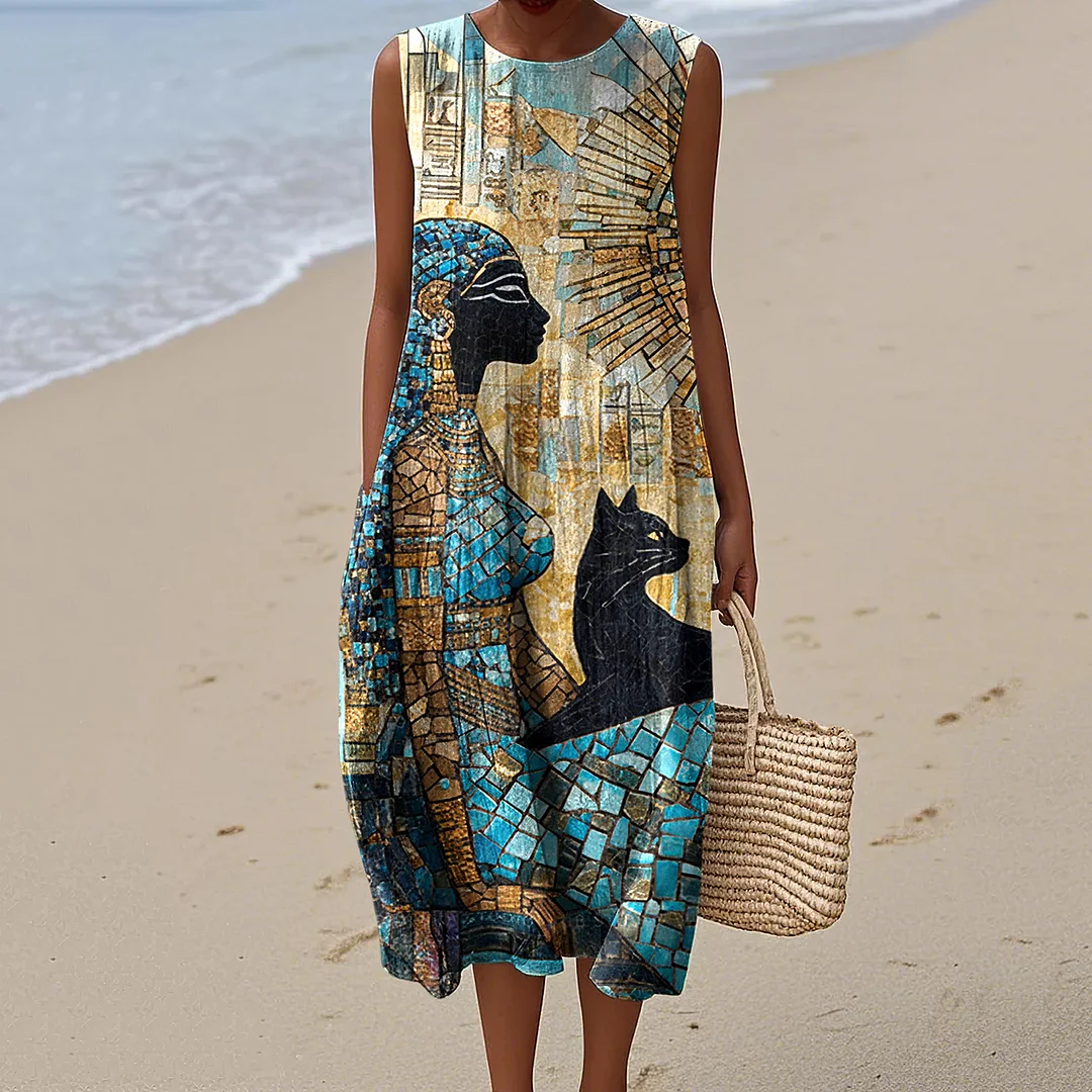 Women's Egyptian Goddess And Black Cat Art Print Sleeveless Dress